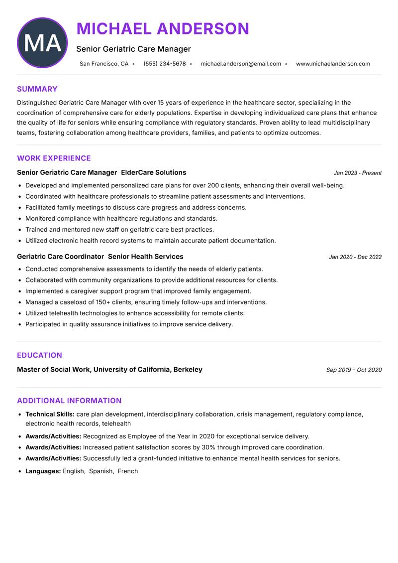Geriatric Care Manager resume example — ATS-friendly template