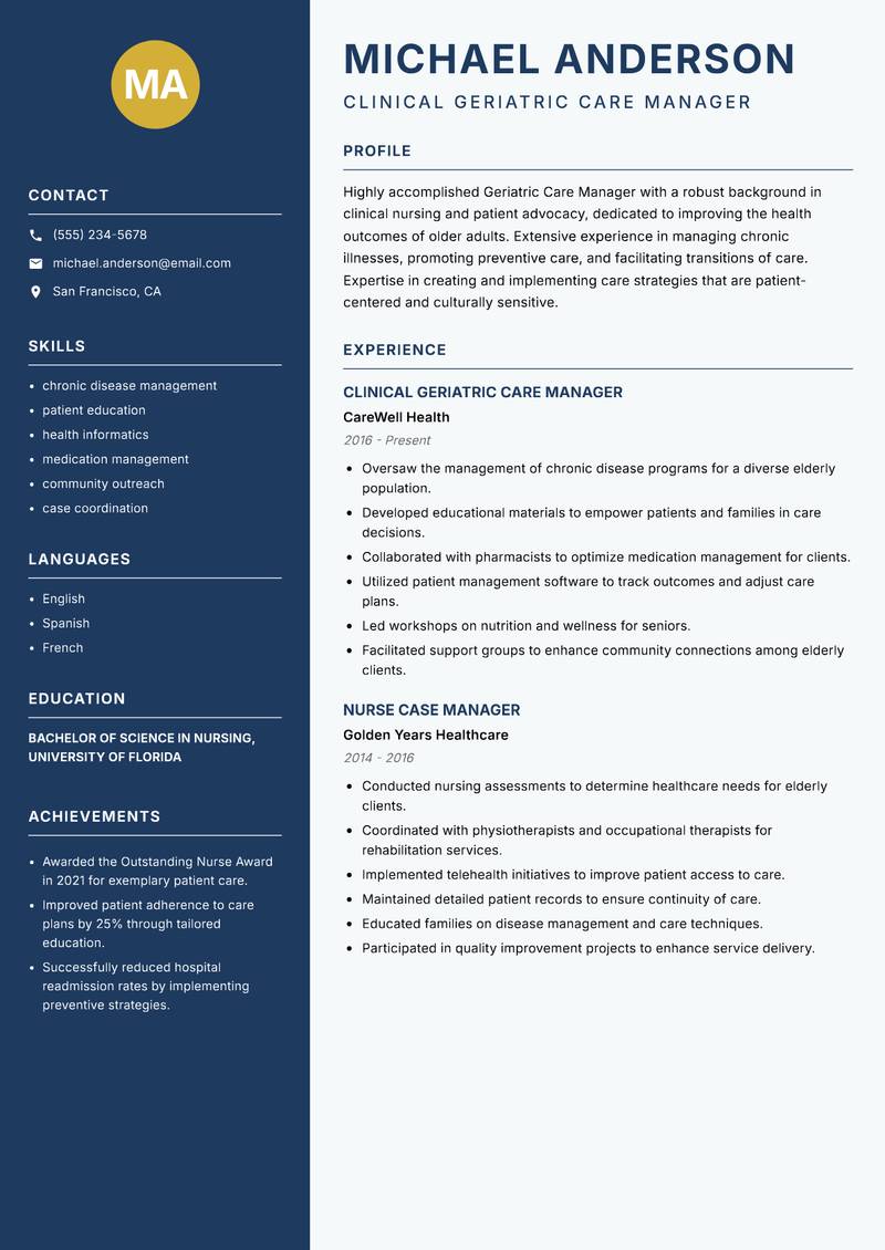 Geriatric Care Manager resume template — Classic Clean