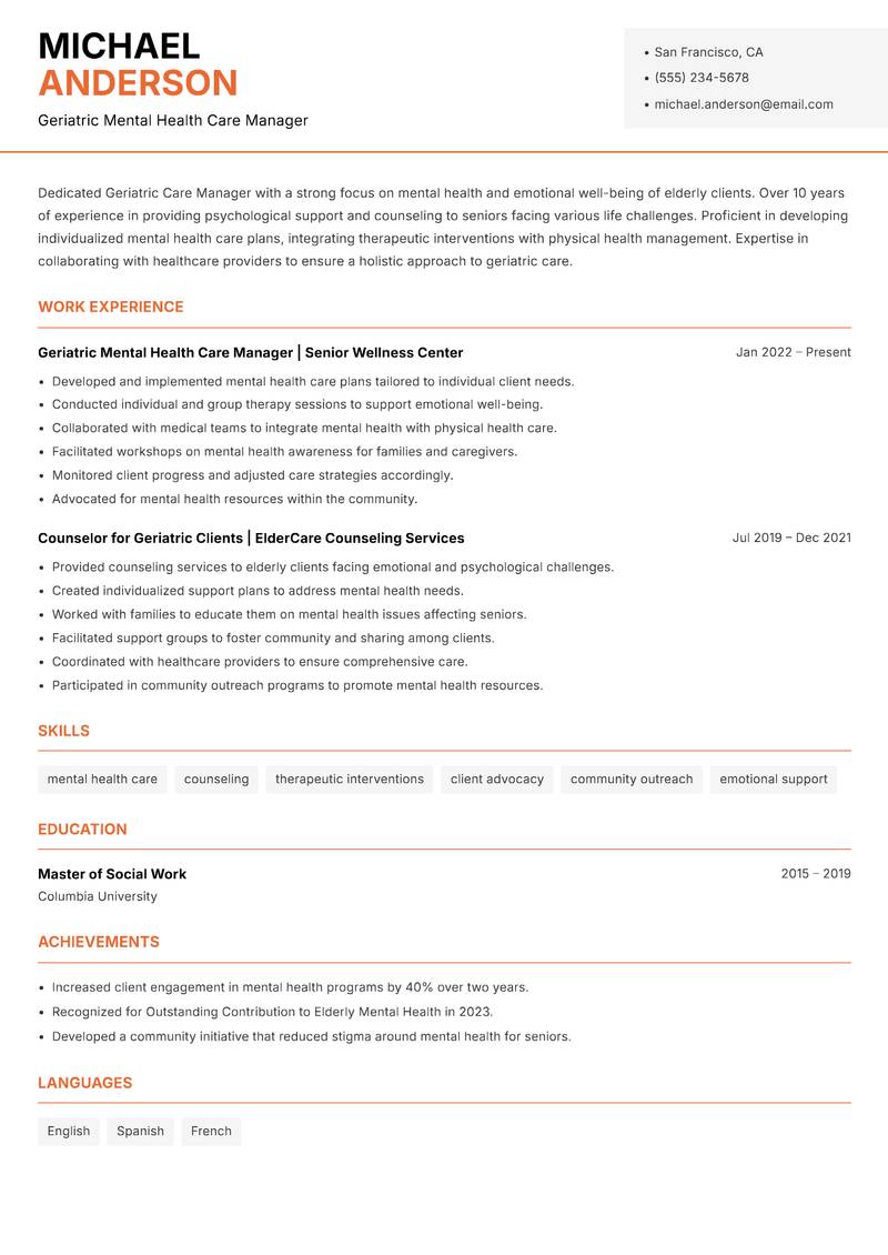 Geriatric Care Manager resume template — Modern Professional