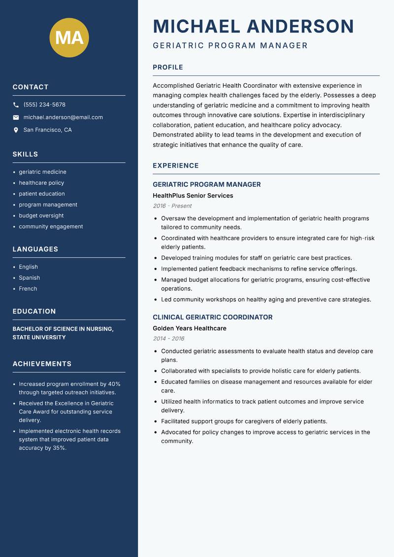 Geriatric Health Coordinator resume template — Classic Clean