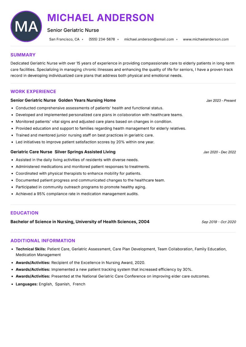 Geriatric Nurse resume example — ATS-friendly template
