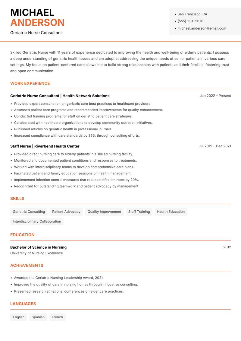 Geriatric Nurse resume template — Modern Professional