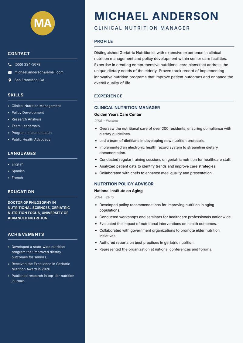 Geriatric Nutritionist resume template — Classic Clean