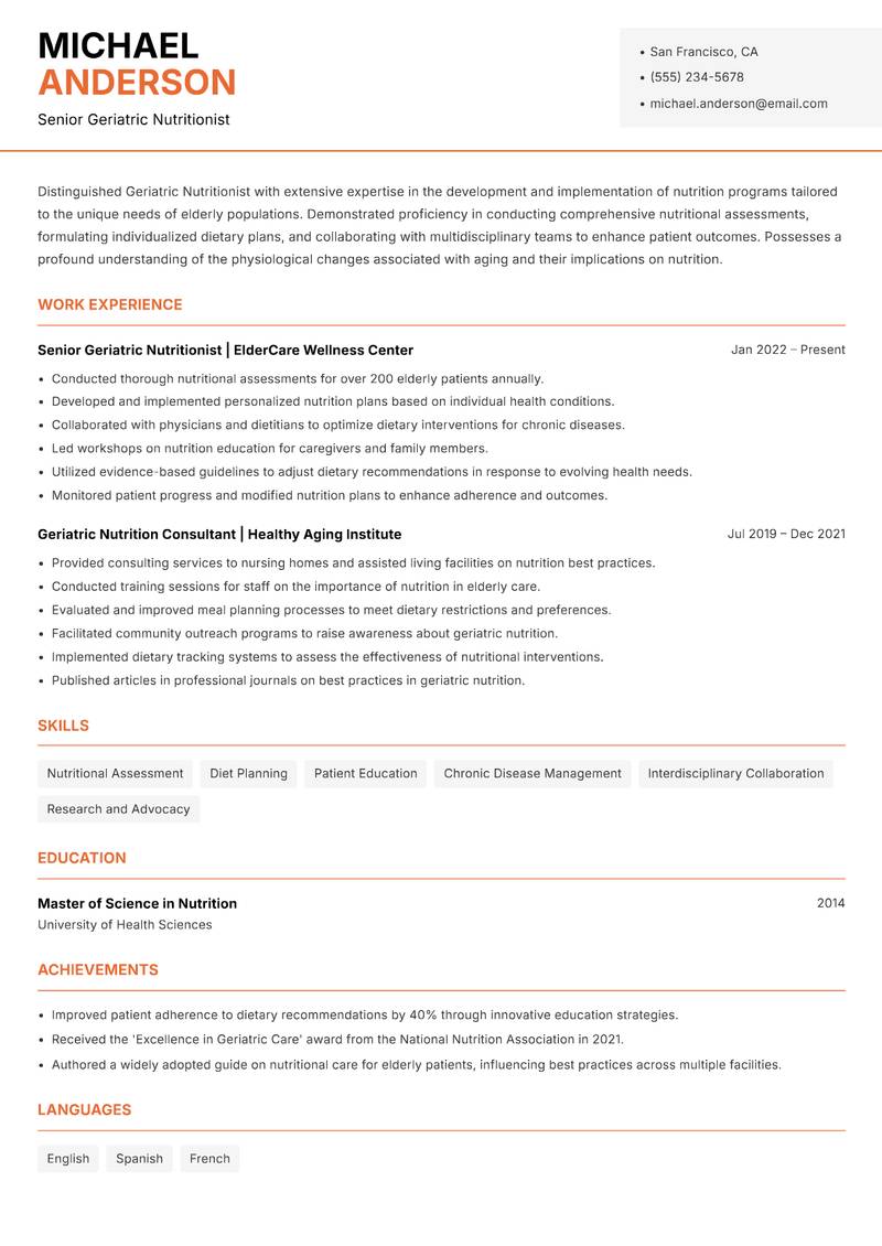 Geriatric Nutritionist resume template — Modern Professional