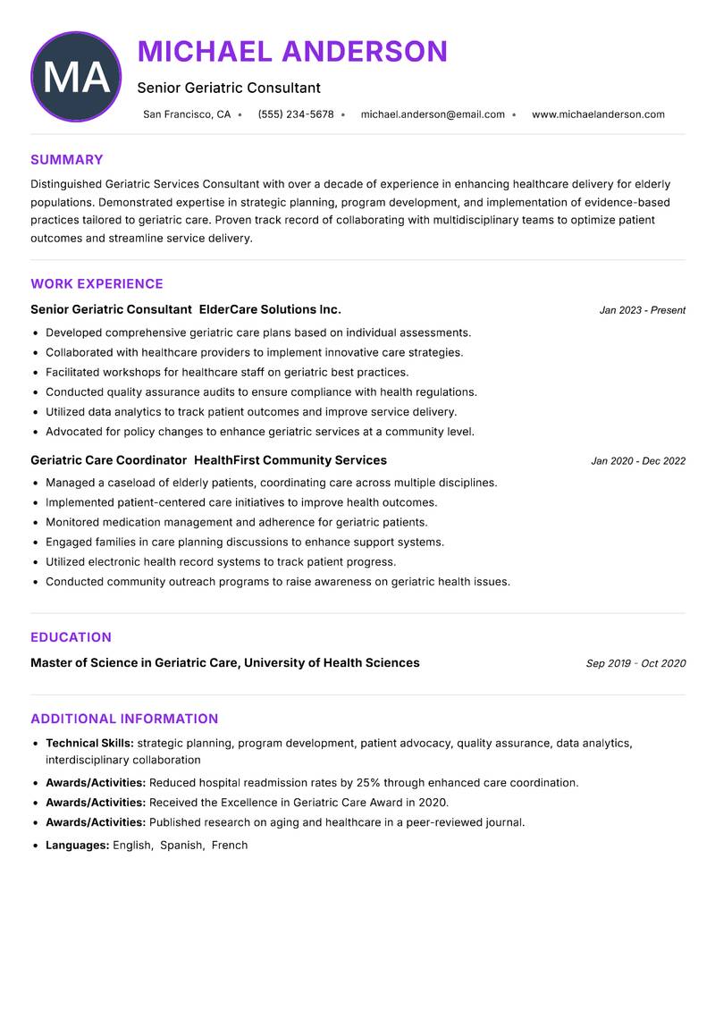 Geriatric Services Consultant resume example — ATS-friendly template
