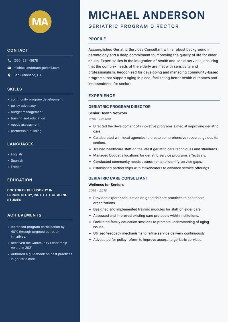 Geriatric Services Consultant resume template — Classic Clean