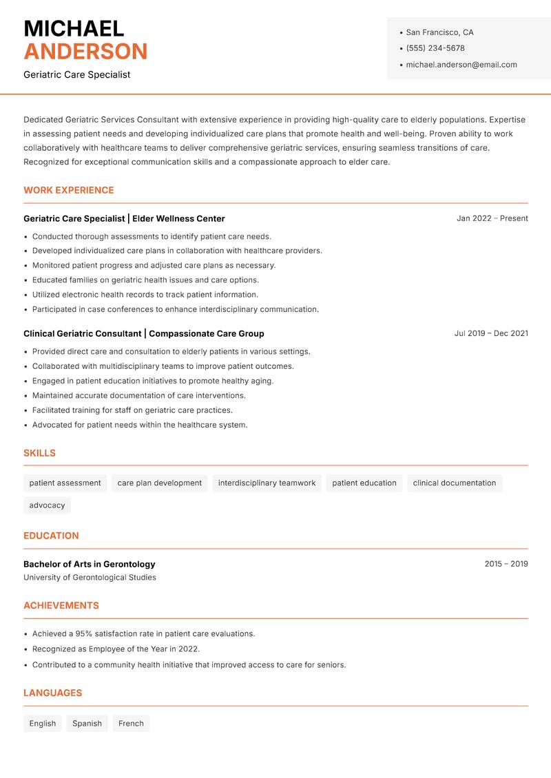 Geriatric Services Consultant resume template — Modern Professional