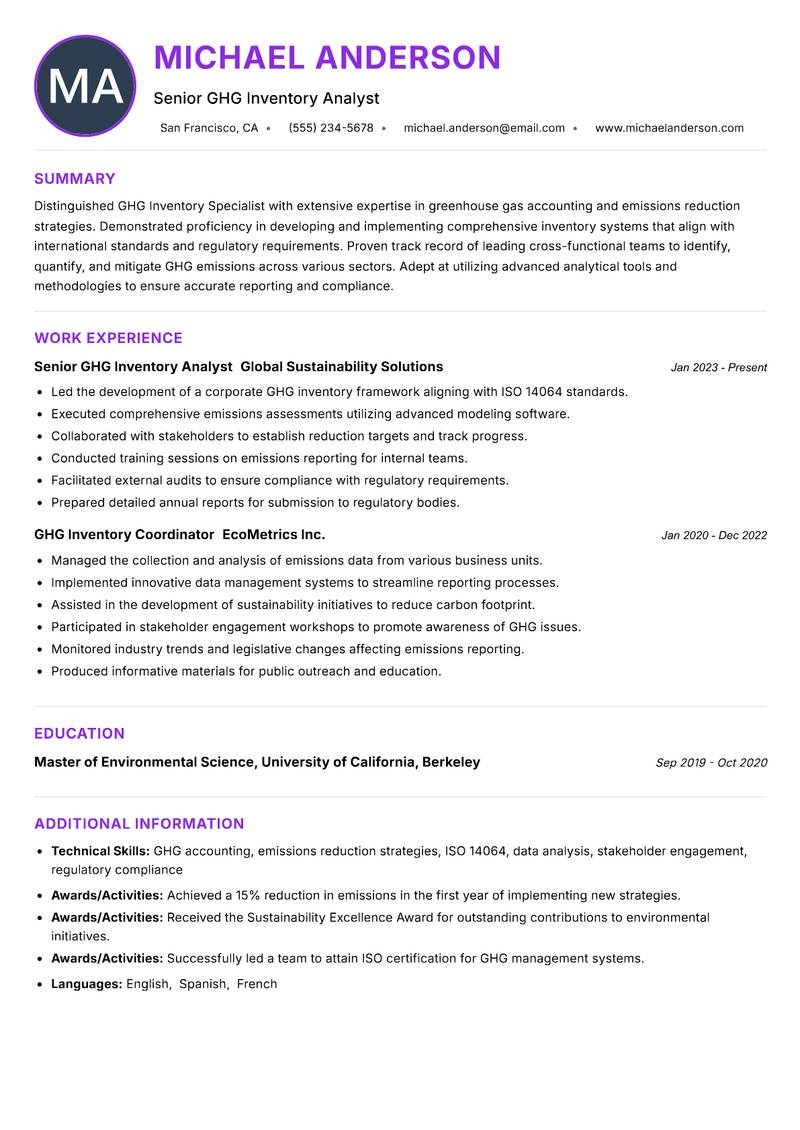 GHG Inventory Specialist resume example — ATS-friendly template