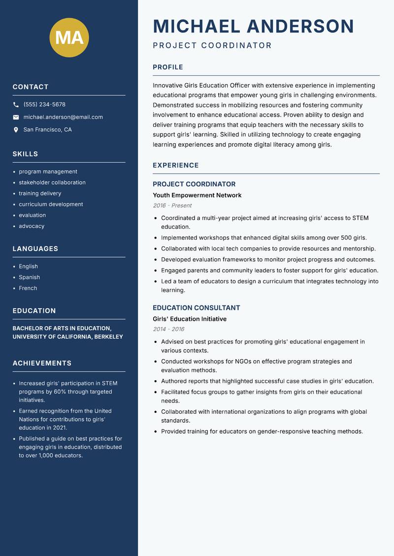 Girls Education Officer resume template — Classic Clean