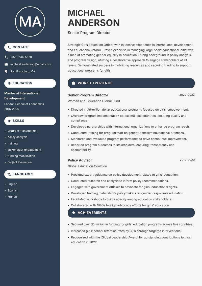 Girls Education Officer resume template — Compact