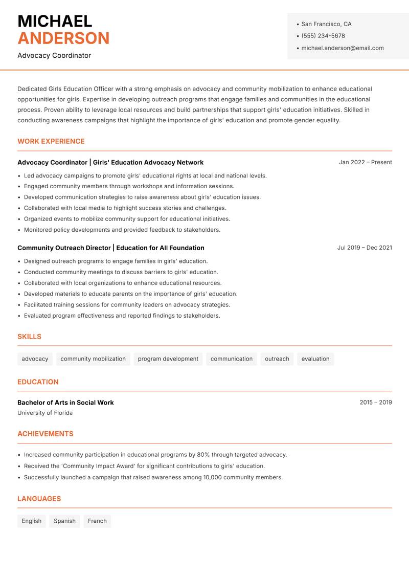 Girls Education Officer resume template — Modern Professional
