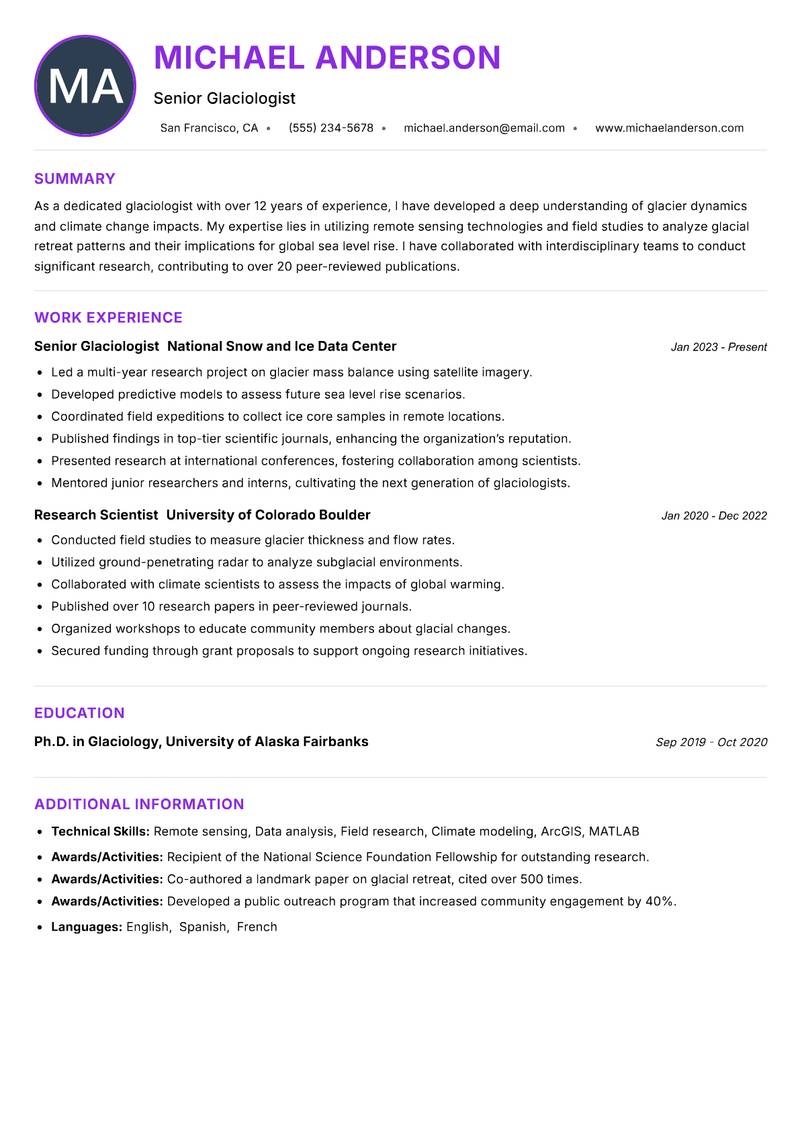 Glaciologist resume example — ATS-friendly template