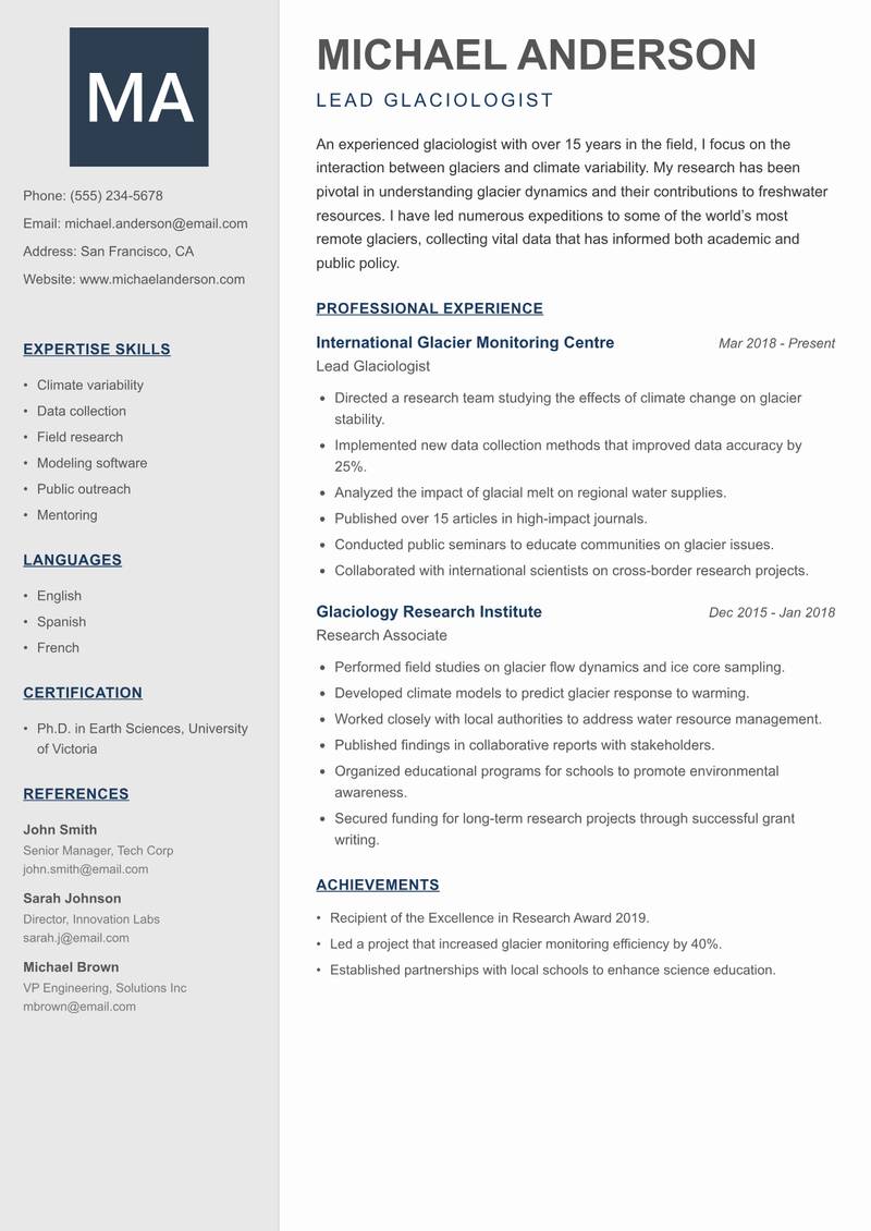 Glaciologist resume template — Creative Minimal
