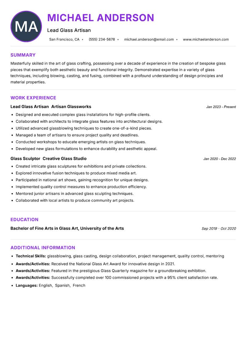 Glass Craft Artisan resume example — ATS-friendly template