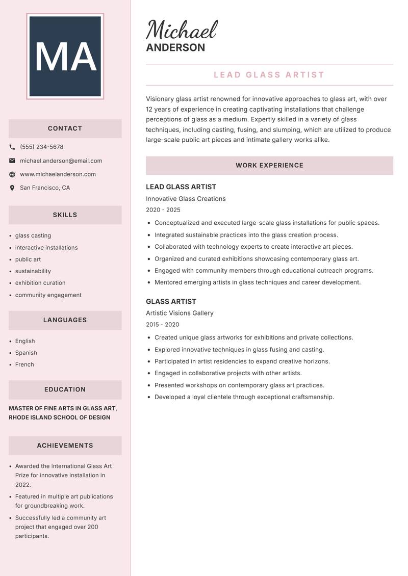 Glass Craft Artisan resume template — Executive