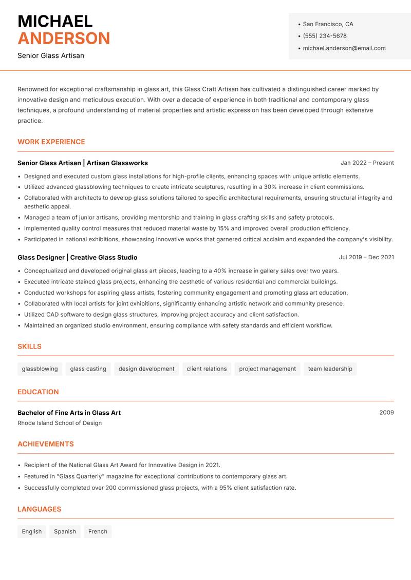 Glass Craft Artisan resume template — Modern Professional