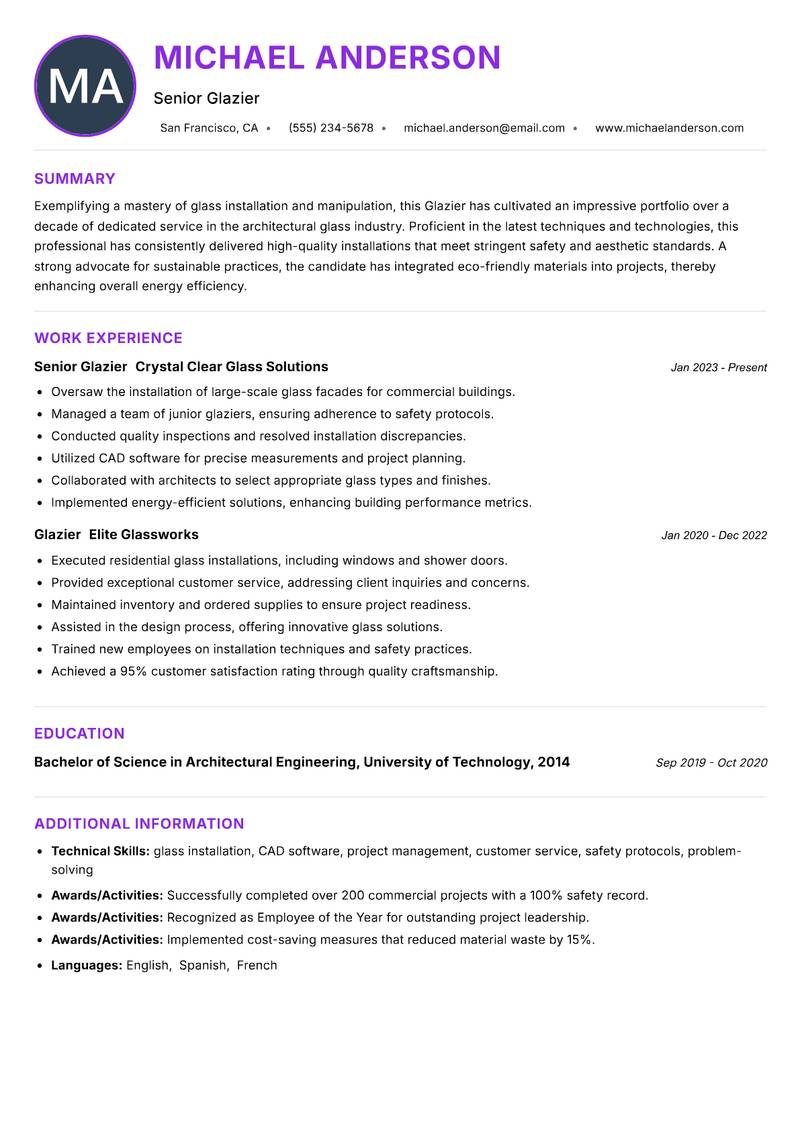 Glazier resume example — ATS-friendly template