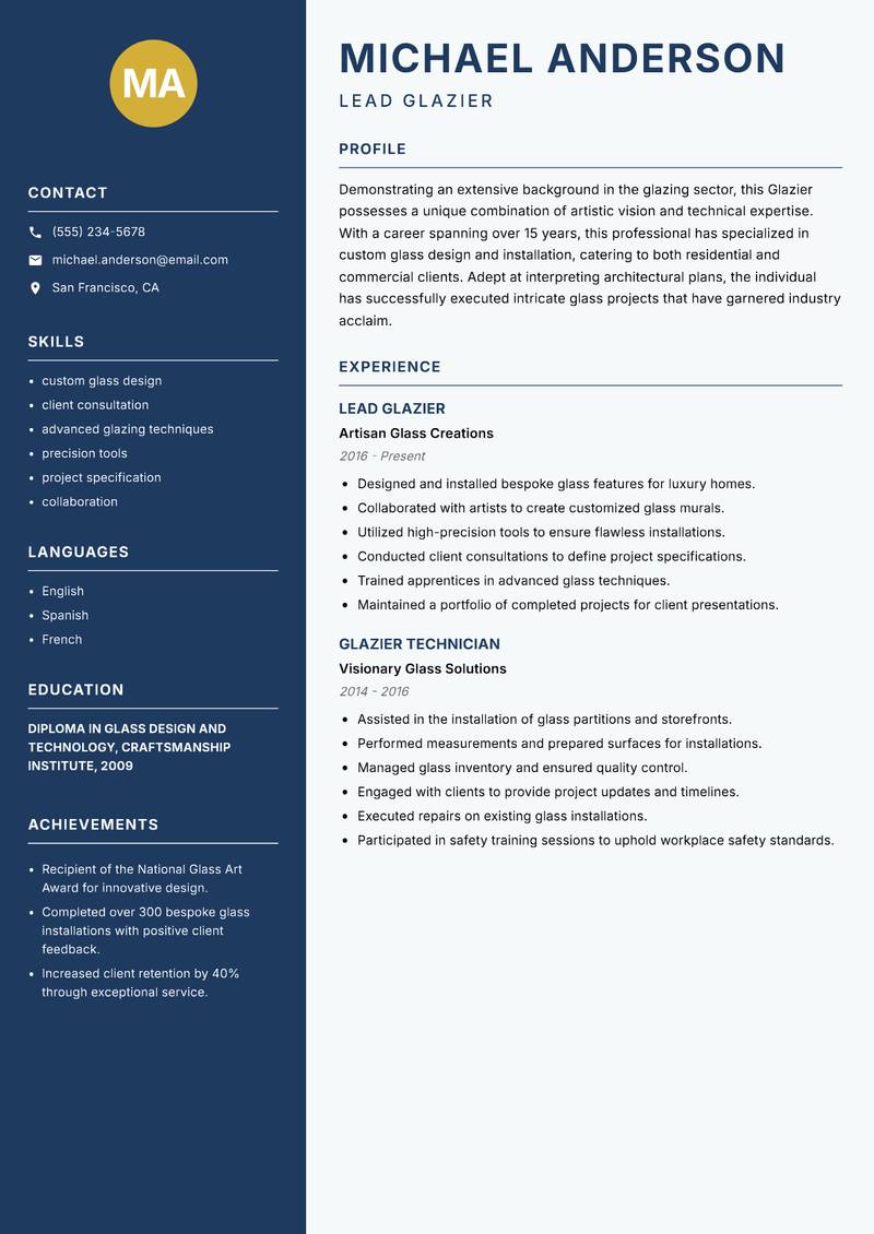 Glazier resume template — Classic Clean