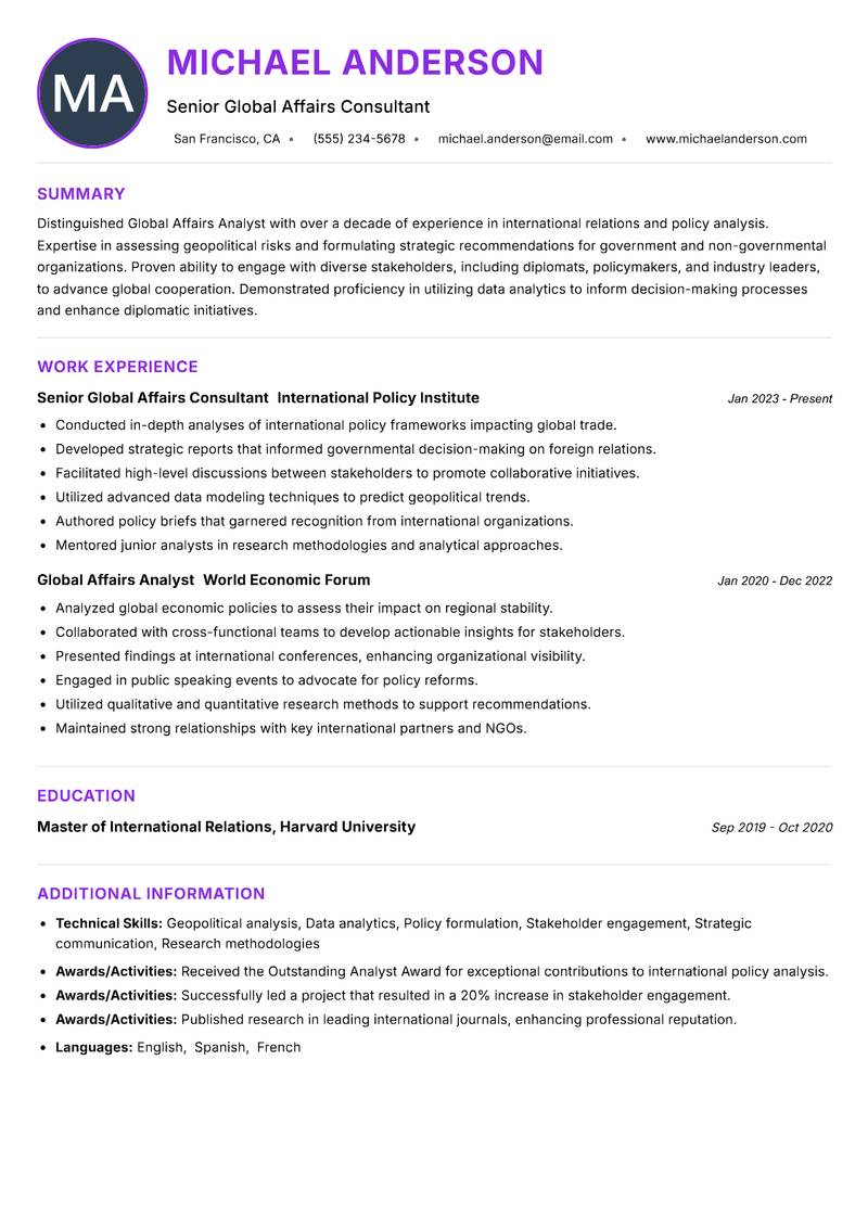 Global Affairs Analyst resume example — ATS-friendly template