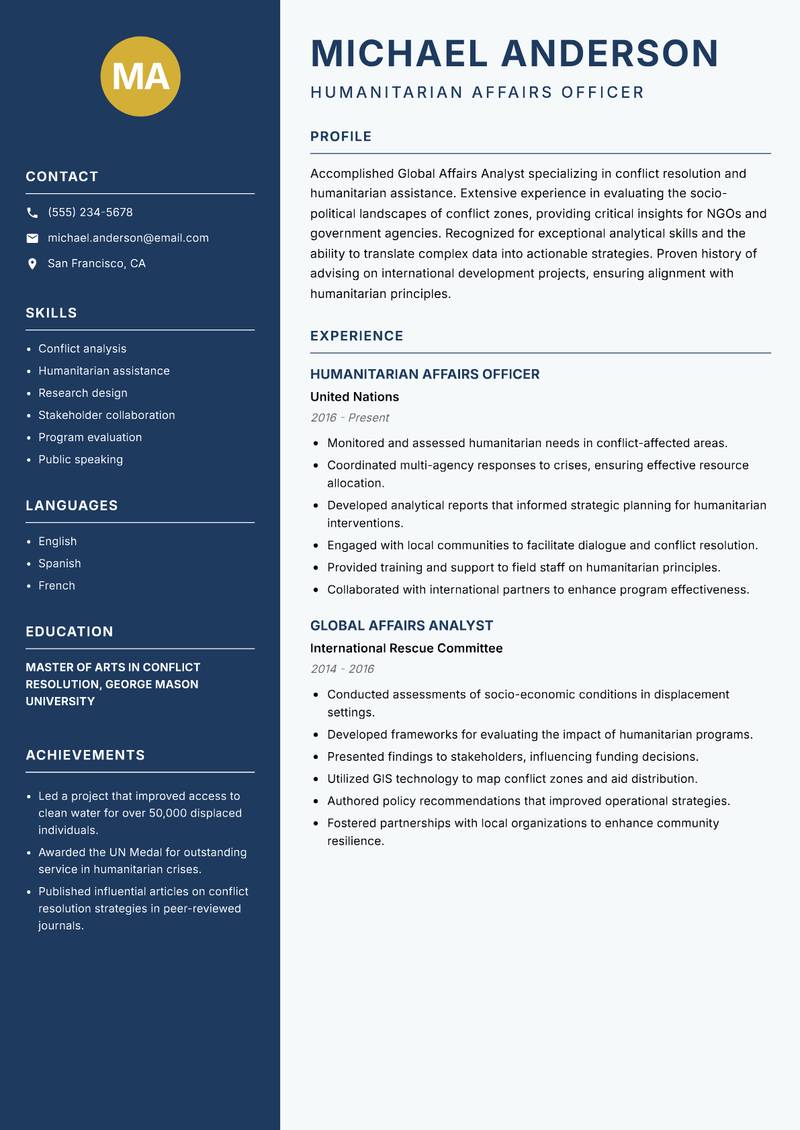 Global Affairs Analyst resume template — Classic Clean