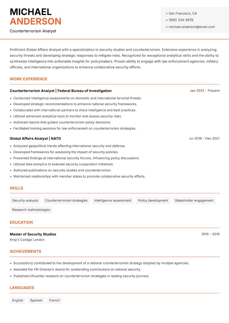 Global Affairs Analyst resume template — Modern Professional