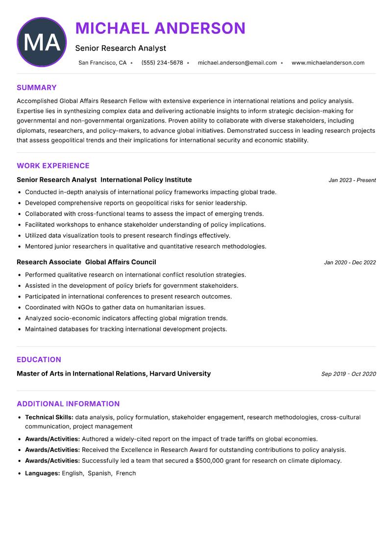 Global Affairs Research Fellow resume example — ATS-friendly template