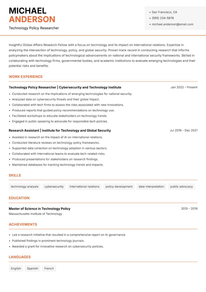 Global Affairs Research Fellow resume template — Modern Professional