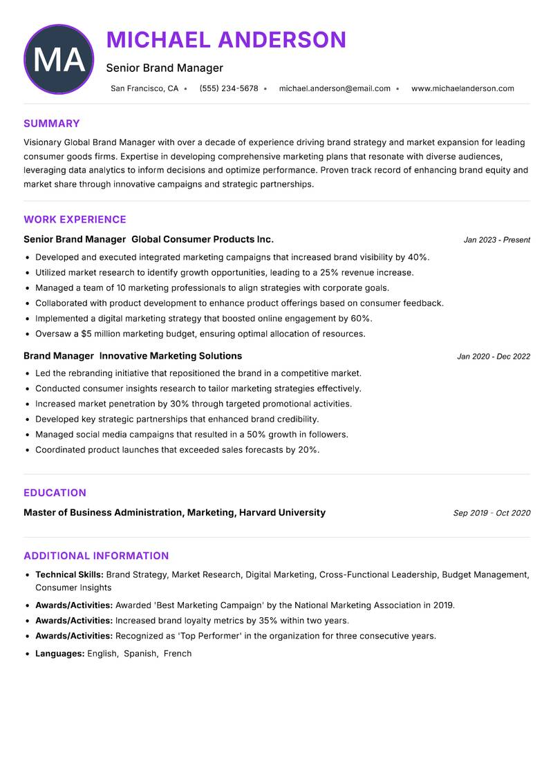 Global Brand Manager resume example — ATS-friendly template