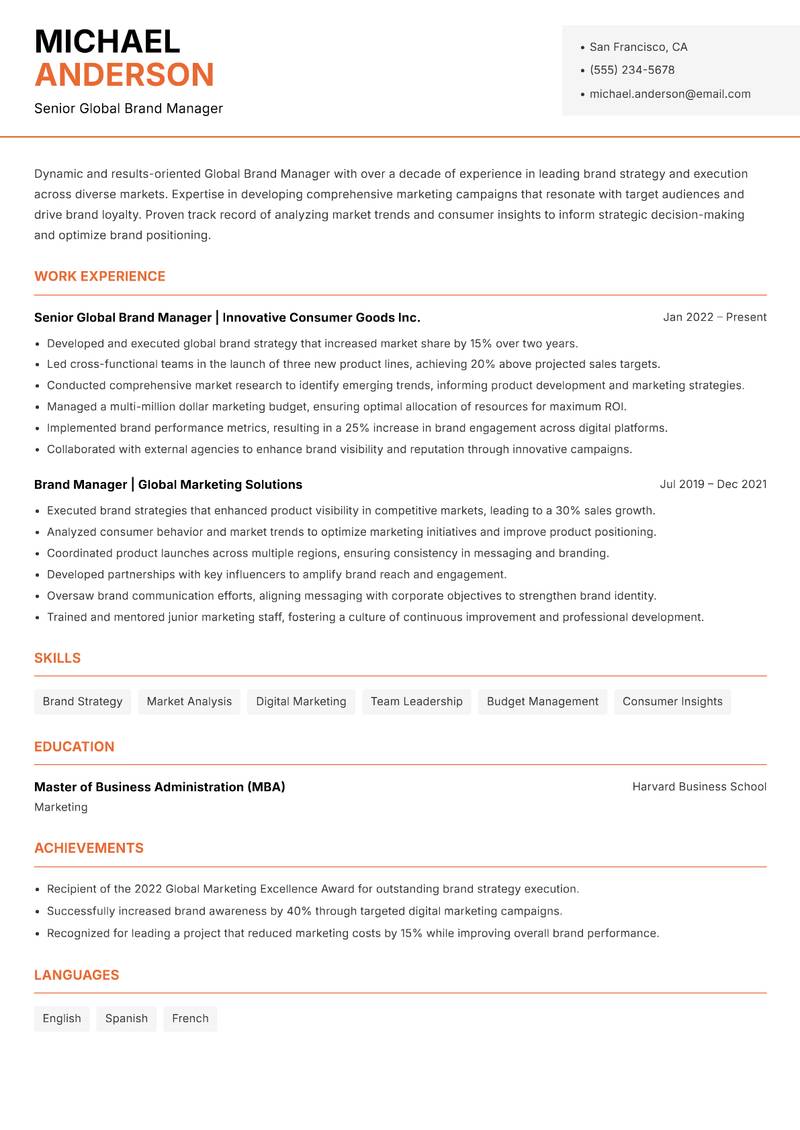 Global Brand Manager resume template — Modern Professional
