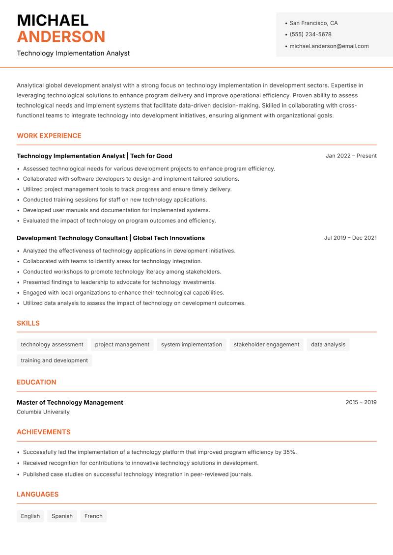 Global Development Analyst resume template — Modern Professional