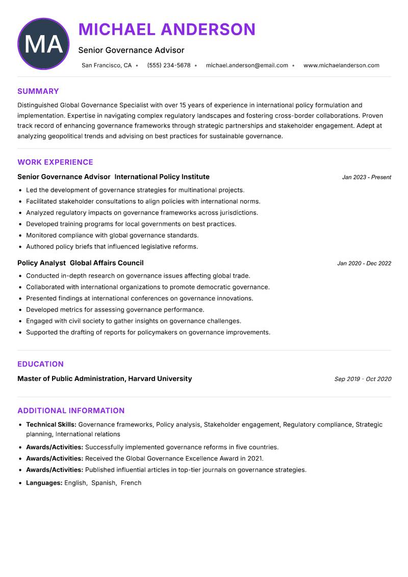 Global Governance Specialist resume example — ATS-friendly template
