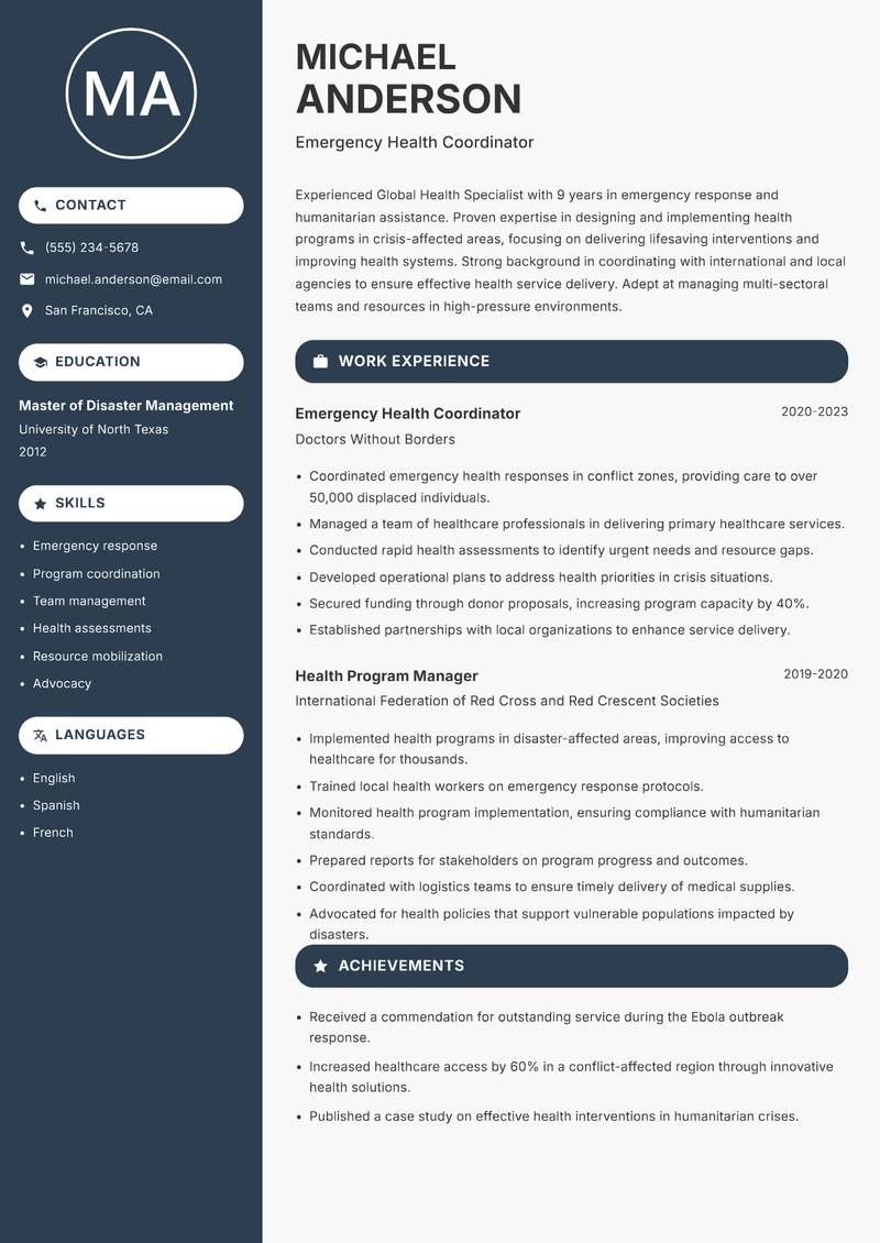 Global Health Specialist resume template — Compact