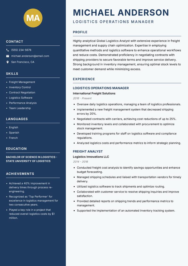 Global Logistics Analyst resume template — Classic Clean
