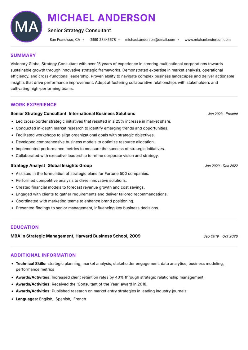 Global Strategy Consultant resume example — ATS-friendly template