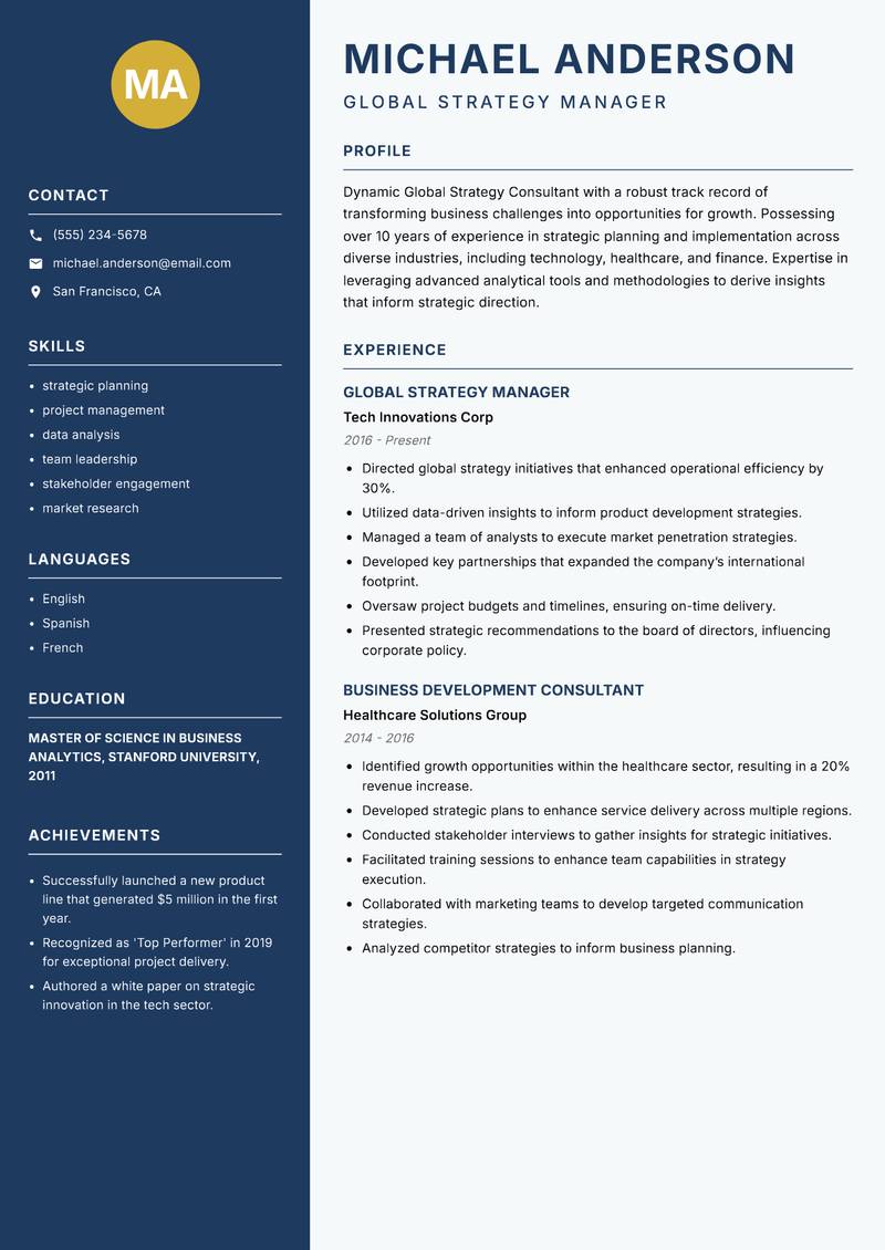 Global Strategy Consultant resume template — Classic Clean