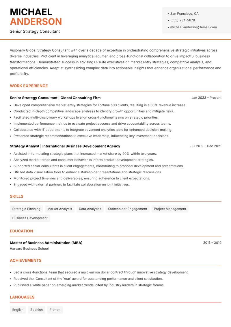 Global Strategy Consultant resume template — Modern Professional
