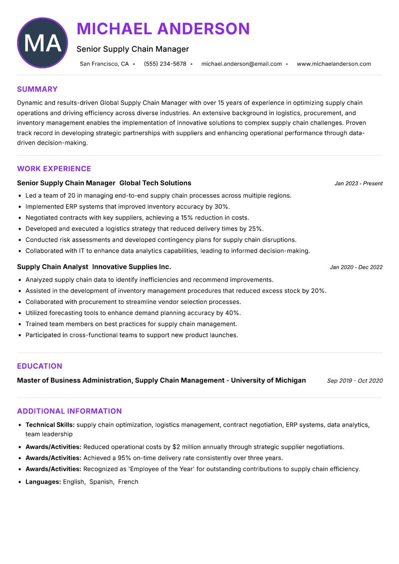 Global Supply Chain Manager resume example — ATS-friendly template
