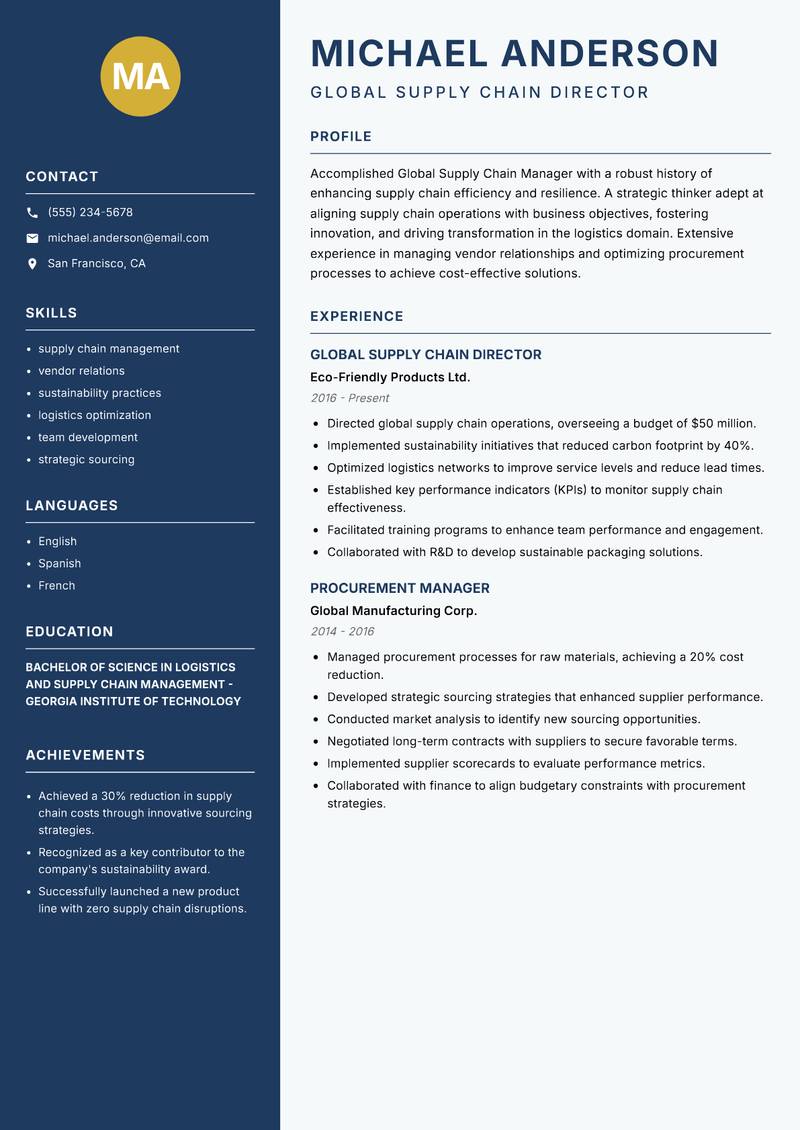 Global Supply Chain Manager resume template — Classic Clean