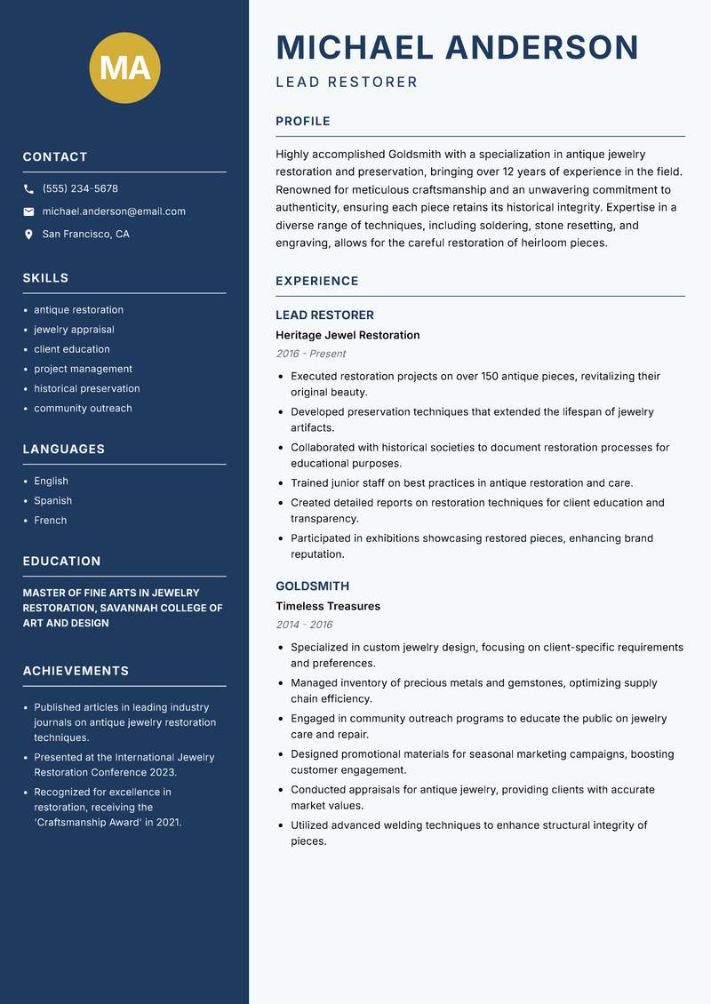 Goldsmith resume template — Classic Clean
