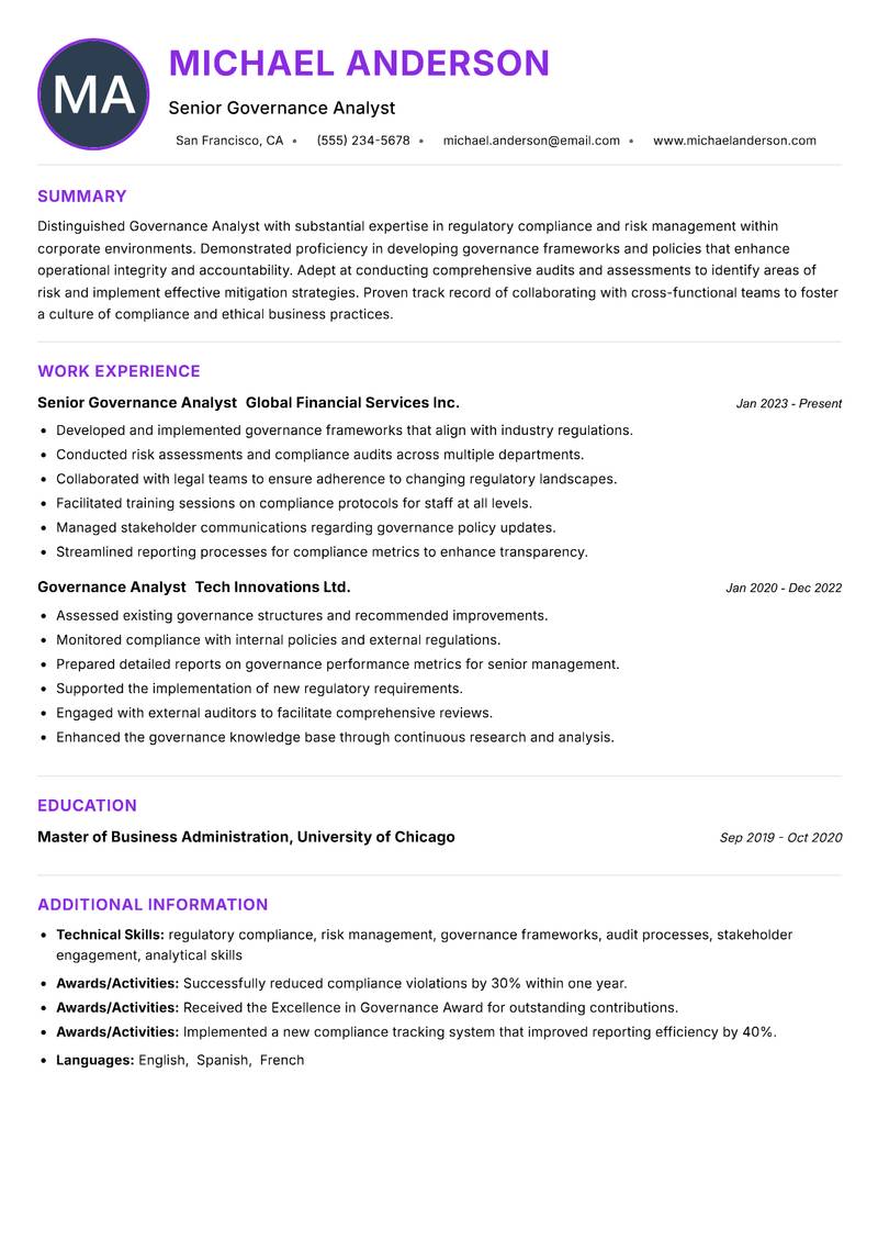 Governance Analyst resume example — ATS-friendly template