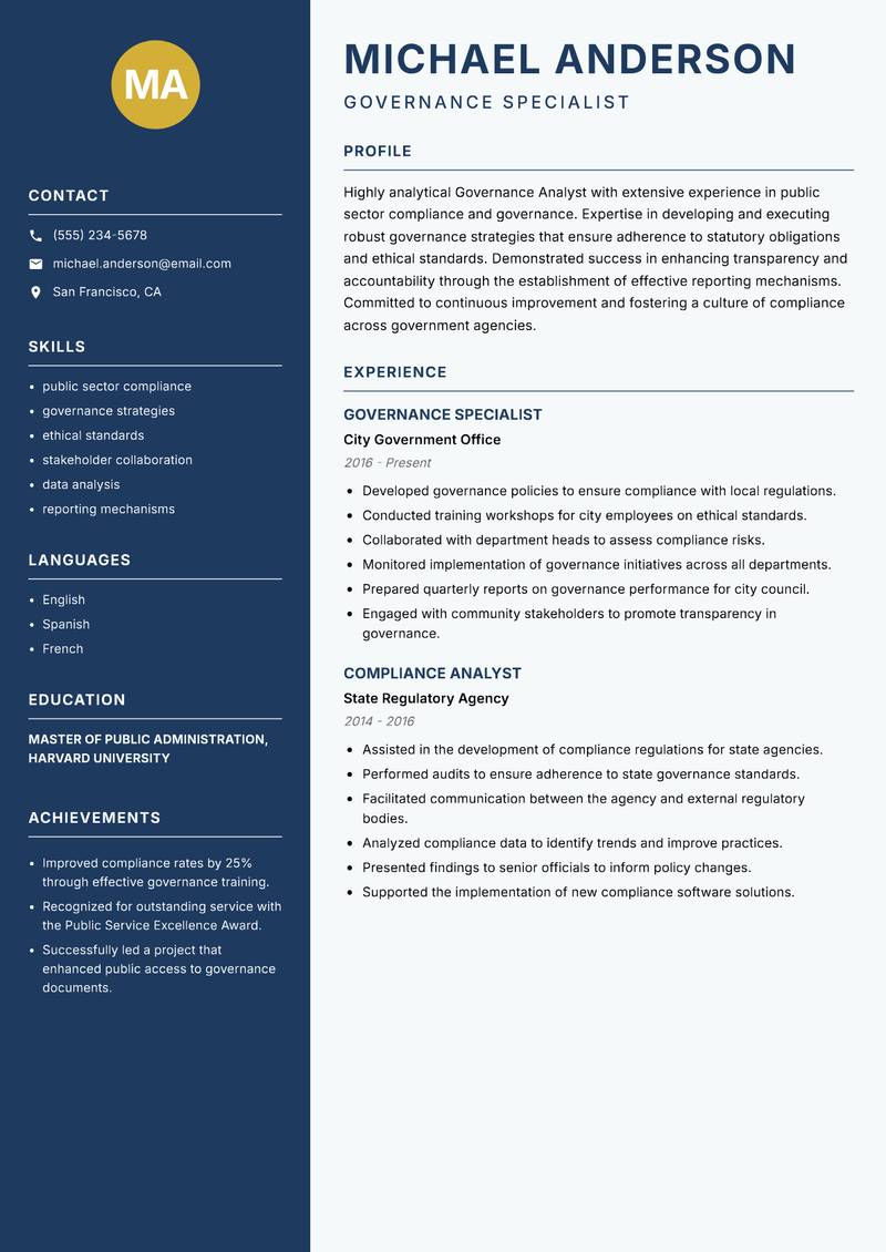 Governance Analyst resume template — Classic Clean