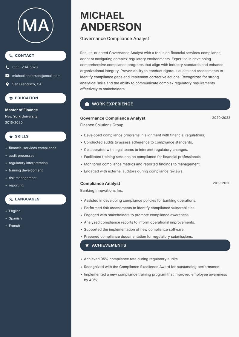 Governance Analyst resume template — Compact