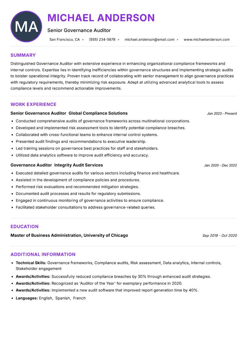 Governance Auditor resume example — ATS-friendly template