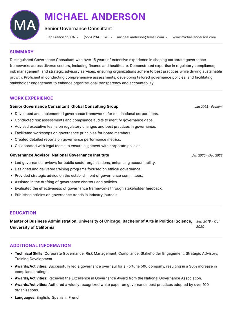 Governance Consultant resume example — ATS-friendly template