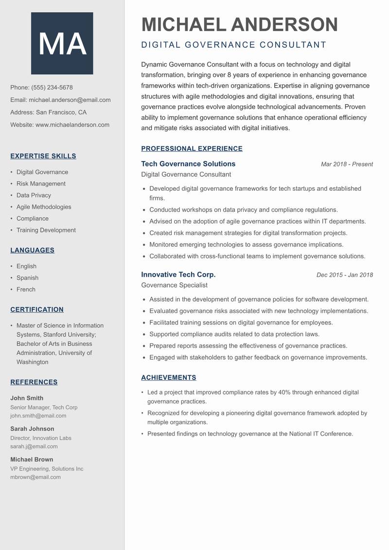 Governance Consultant resume template — Creative Minimal