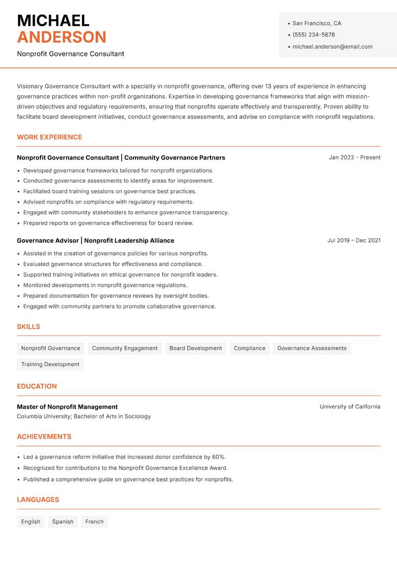 Governance Consultant resume template — Modern Professional