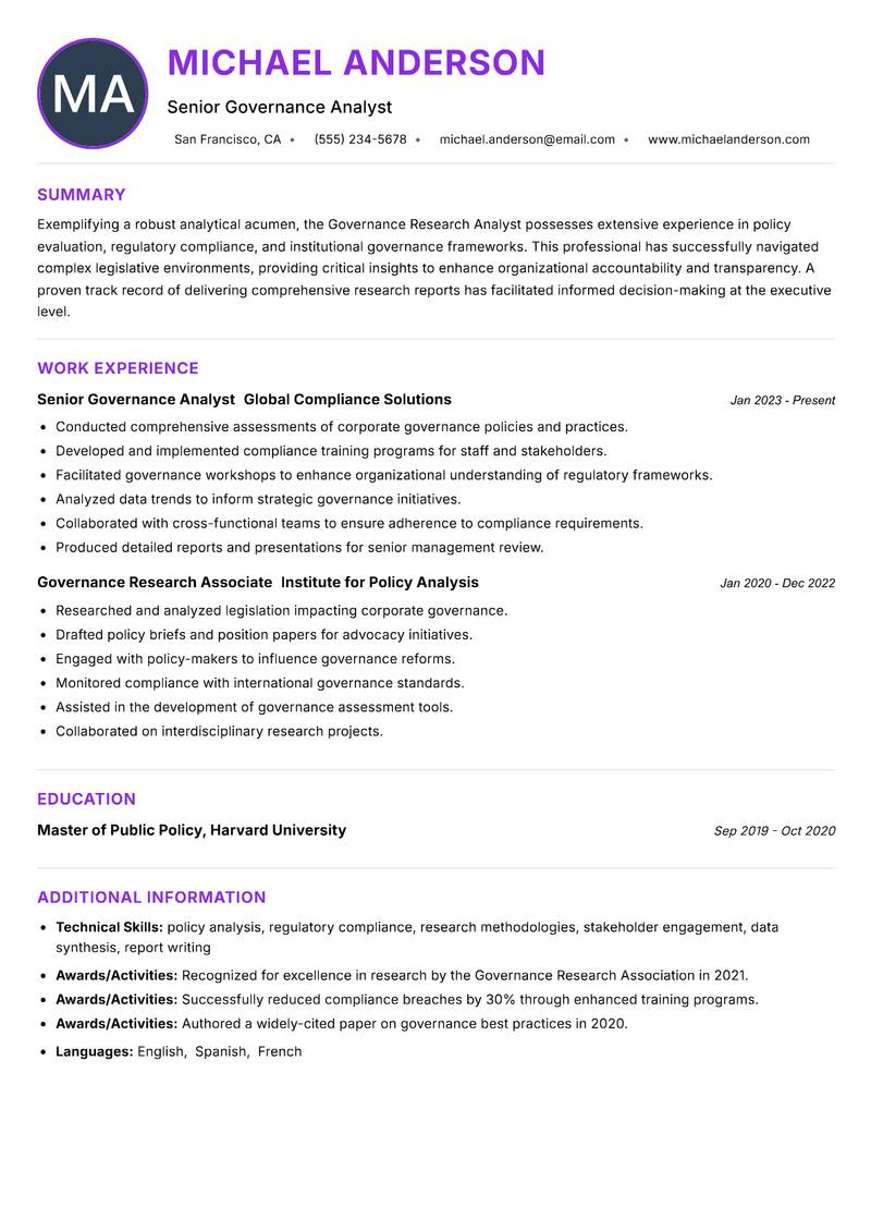 Governance Research Analyst resume example — ATS-friendly template