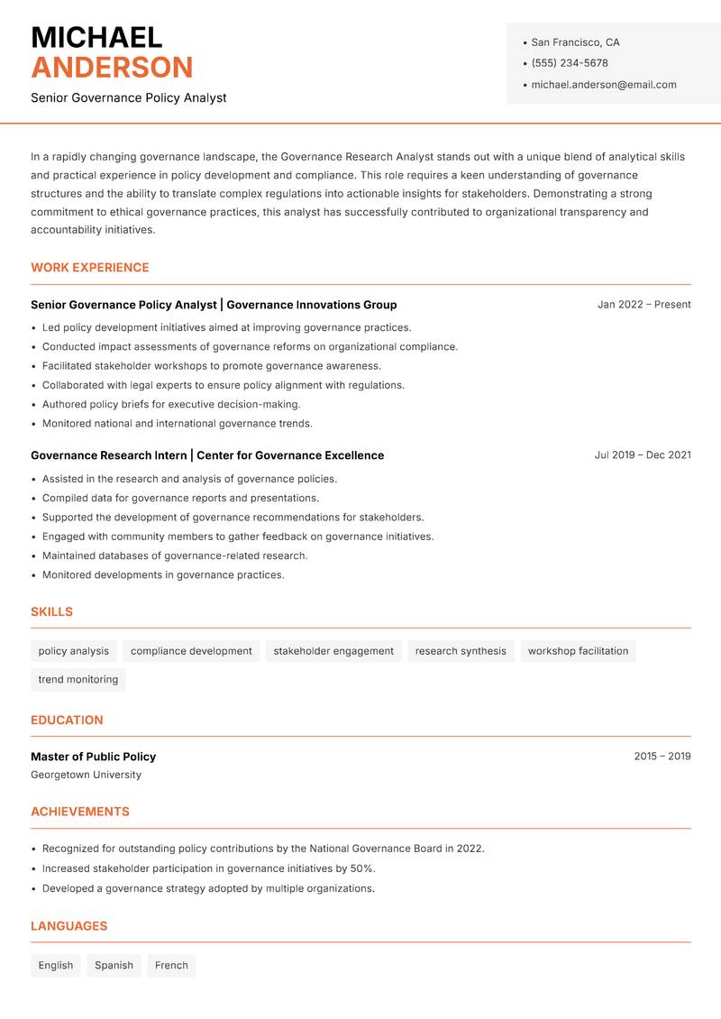 Governance Research Analyst resume template — Modern Professional