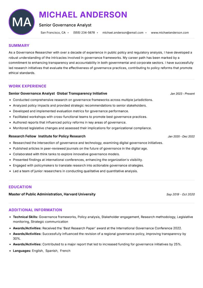 Governance Researcher resume example — ATS-friendly template