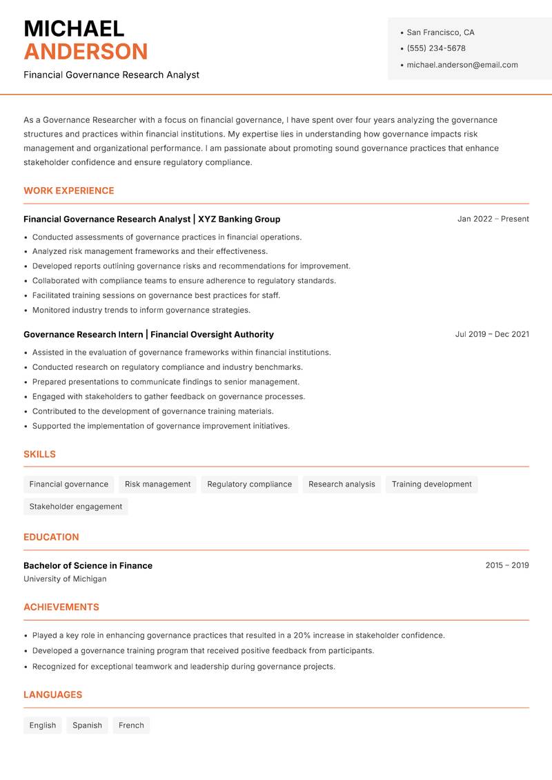 Governance Researcher resume template — Modern Professional